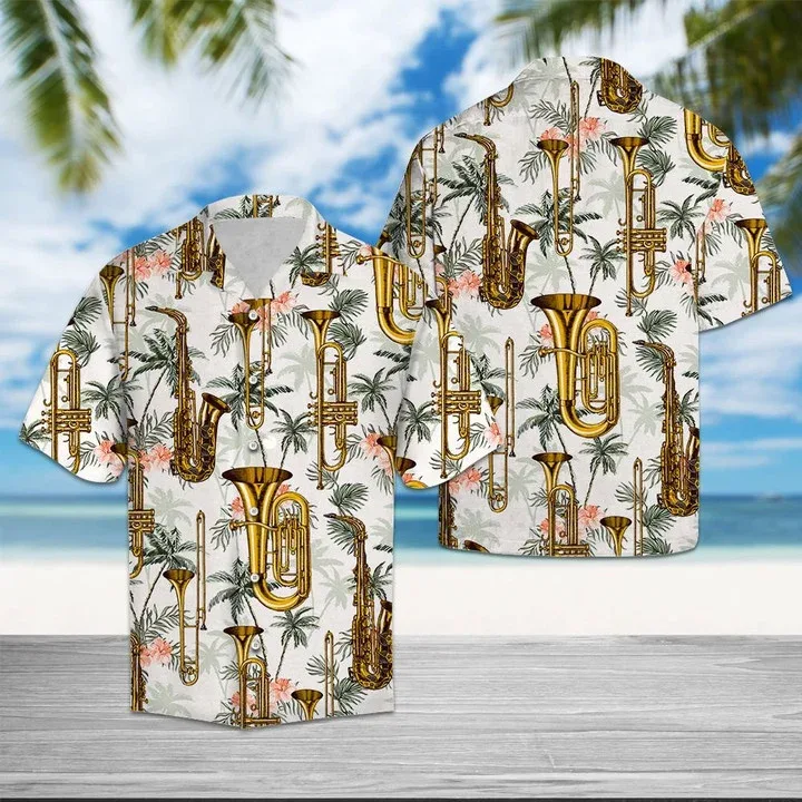 Golden Saxophone With Palm Trees In White Hawaiian Shirt