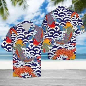 Amazing Koi Fish Navy And White Scale Pattern Hawaiian Shirt