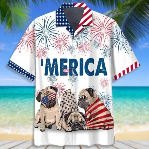 Love Pug th of july Independence Day Hawaiian Shirt