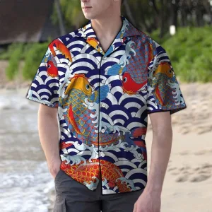 Amazing Koi Fish Navy And White Scale Pattern Hawaiian Shirt